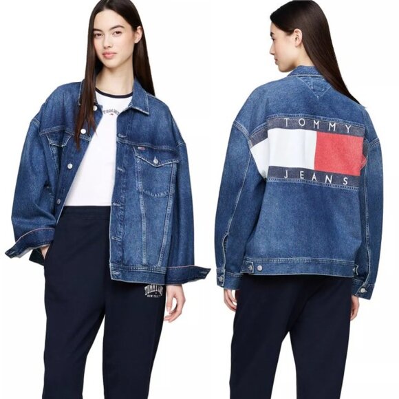 Tommy Jeans Women's Daisy Back Colorblock Flag Oversized Denim Jean Jacket NWT - Picture 1 of 5